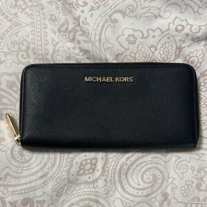 Michael Kors Black Zip-Around Wallet with Gold Details